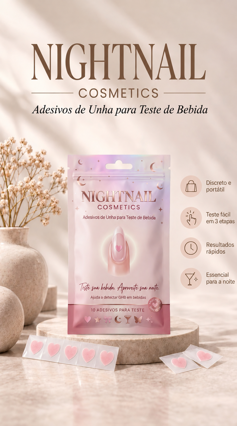 Night Nail — embalagem do produto e adesivos de coração
